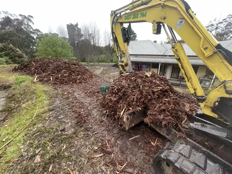 Yellow mini excavator moving bulk mulch for landscaping